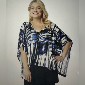 Karen Kane Blue Abstract Brushstroke Stretch Jersey Kimono Black Shell Size M